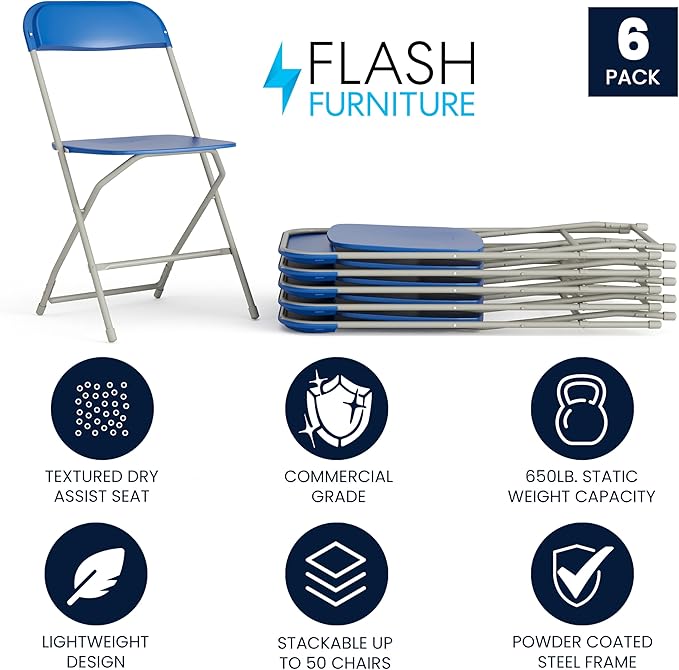 Flash Furniture Hercules Series Plastic Folding Chair - Blue - 6 Pack 650LB Weight Capacity Comfortable Event Chair-Lightweight Folding Chair - Image 3