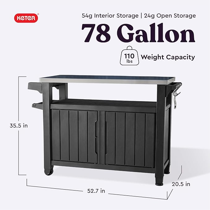 Keter Unity XL Portable Outdoor Table with Stainless Steel Top for Kitchen Prep and Outdoor Storage Cabinet for Grilling Accessories, Dark Grey - Image 2