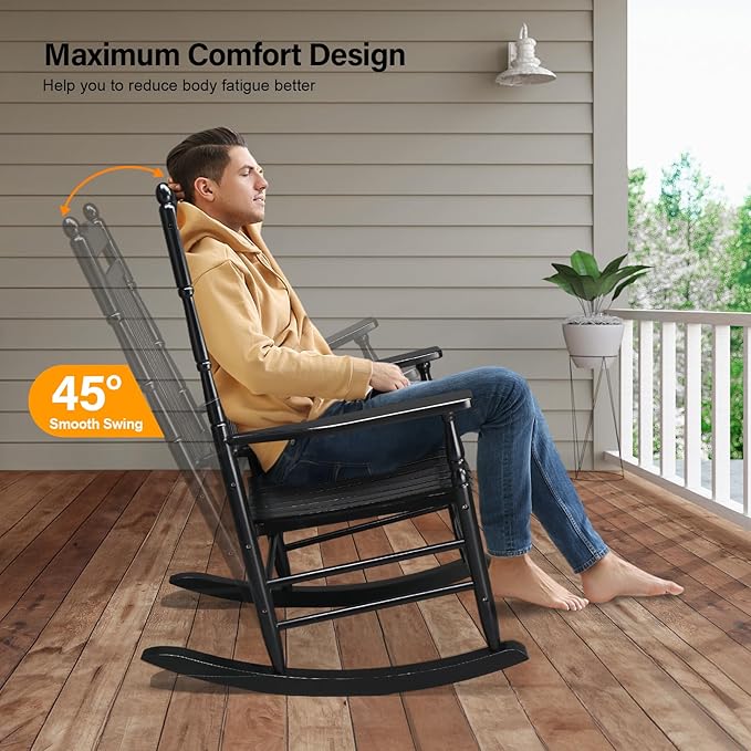 VINGLI Wooden Rocking Chair, Outdoor Chair with 450 lbs Support, Relaxing Rocker with Solid Wood High Back Seat Reclining Seat for Deck, Garden, Backyard, Porch, Indoor or Outdoor Use (Black, 2PCS) - Image 4