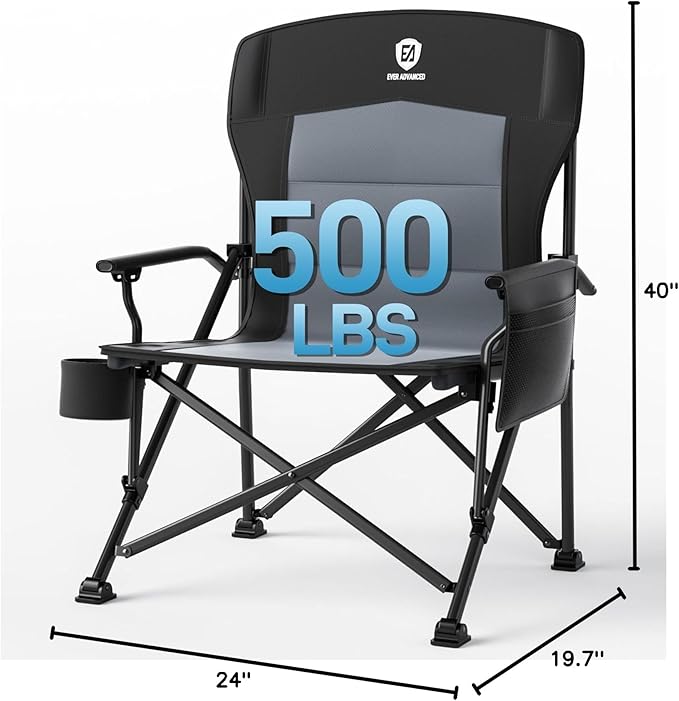 EVER ADVANCED Oversized Folding Camping Chair for Adults, Heavy Duty Lawn Chair with Side Pockets, Portable Collapsible Quad Chair for Outside, Support Up to 500lbs, Black - Image 3