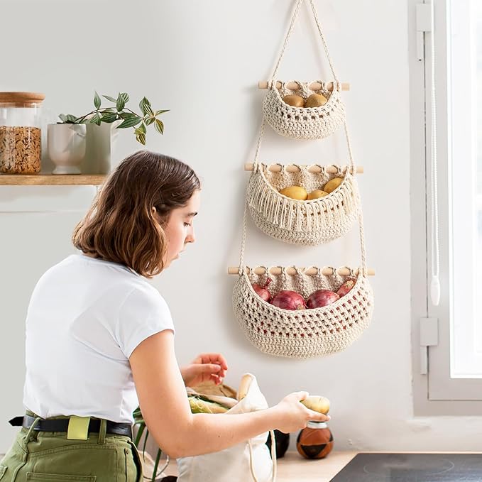 Hanging Fruit Basket, 3 Tier Over The Door Organizer, Handmade Woven Cotton - Image 3
