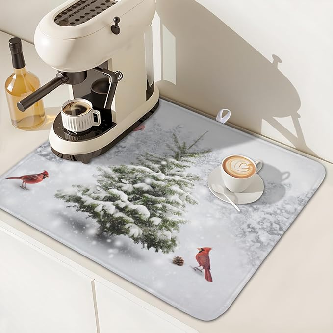 Winter Forest Dish Drying Mat for Kitchen Counter Silvery White Pine Trees Snow - Image 7