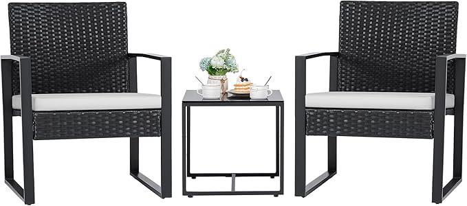 Flamaker 3 Pieces Patio Furniture Outdoor Wicker Modern Rattan Chair Conversation Sets with Coffee Table for Yard, Bistro(White) by Flamaker