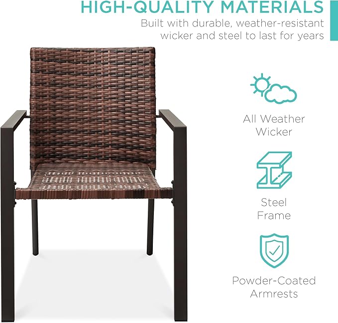 Best Choice Products Set of 2 Stackable Outdoor Wicker Dining Chairs All-Weather Firepit Armchair w/Armrests, Steel Frame for Patio, Deck, Garden, Yard - Light Brown - Image 3