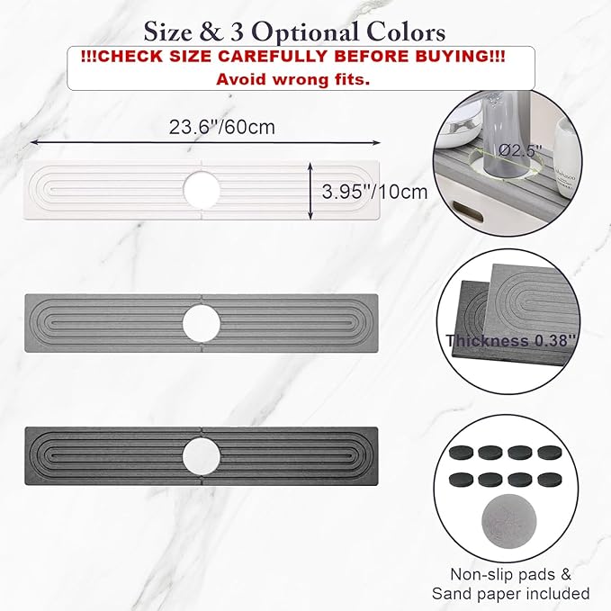 WIFORH Faucet Mat for Kitchen Sink, 24 inch Long Diatomite Fast Drying Stone - Image 2