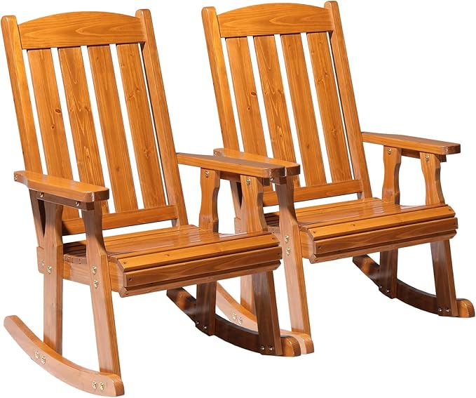 VINGLI Outdoor Rocking Chair Set of 2, Heavy Duty 600 LBS Wooden Rocking Chair with Comfortable Backrest, Weatherproof Rocker with Ergonomic Design, Suit for Patio, Garden, Yard, Teak by VINGLI