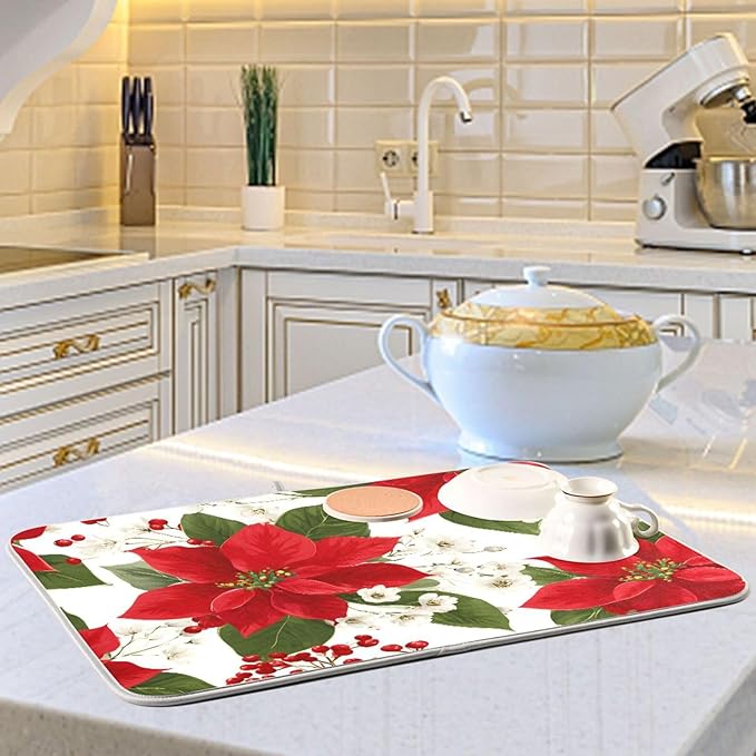 Red Poinsettias with Holly Dish Drying Mat - Image 6