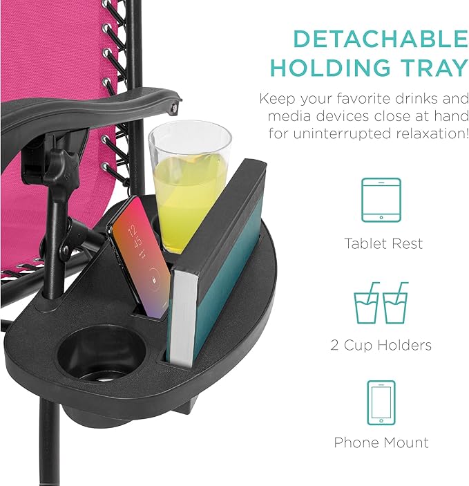 Best Choice Products Set of 2 Adjustable Steel Mesh Zero Gravity Lounge Chair Recliners w/Pillows and Cup Holder Trays - Hot Pink/Black - Image 5