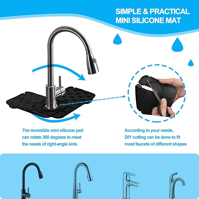 2 Pieces Black Faucet Guard & Draining Mat 8.3" Mini Splash Guard Faucet Handle - Image 2