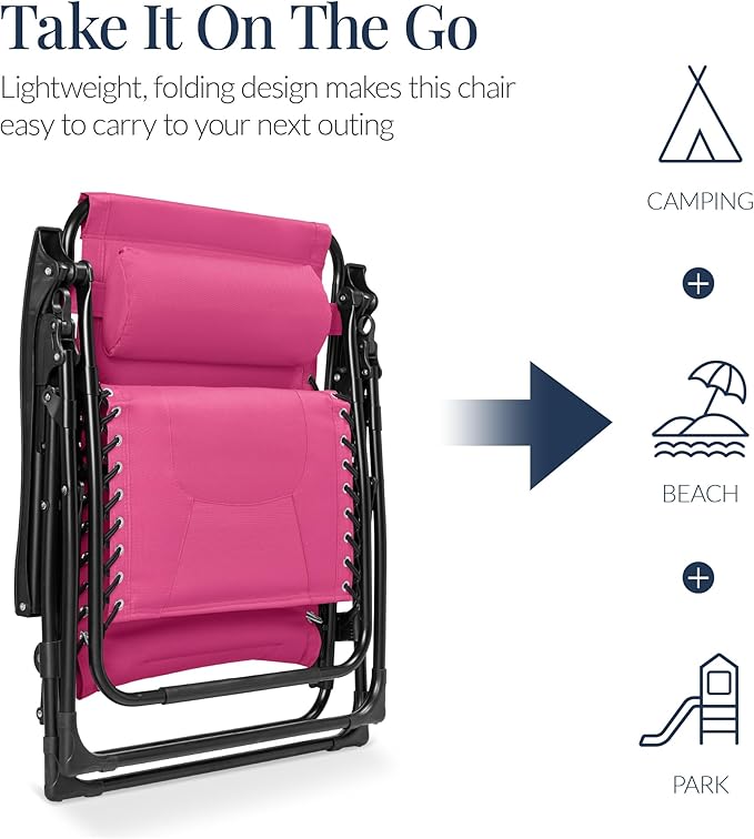 Best Choice Products Oversized Padded Zero Gravity Chair, Folding Outdoor Patio Recliner, XL Anti Gravity Lounger for Backyard w/Headrest, Cup Holder, Side Tray, Polyester Mesh - Hot Pink - Image 5
