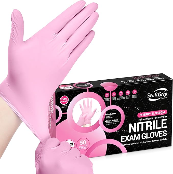 Nitrile Exam Gloves, 4 Mil, Cherry Blossom, Food Safe Gloves Disposable Latex by SwiftGrip