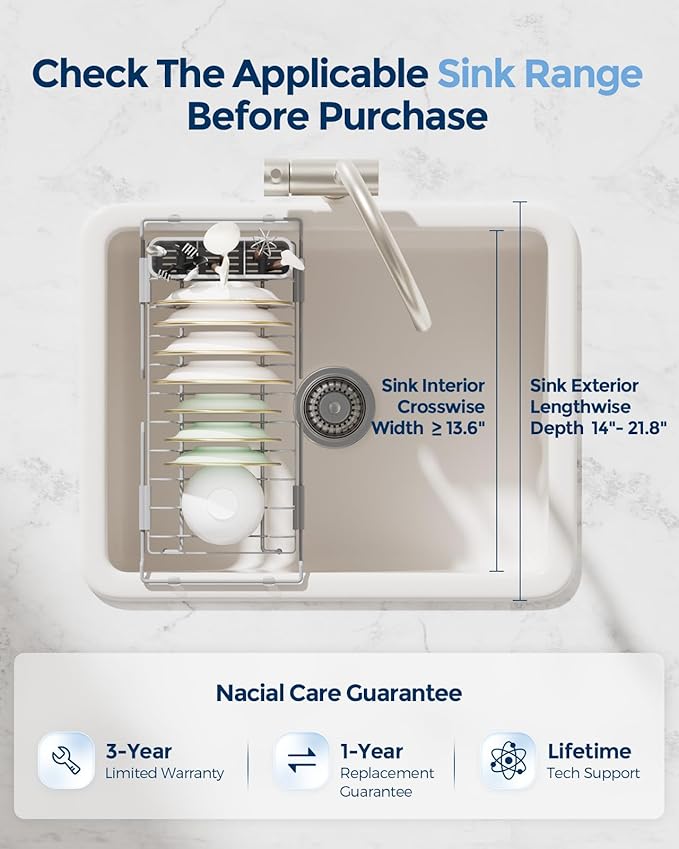 Nacial 2-in-1 Small Dish Drying Rack Fits 14''–21.8'' Sink, Dish Drainers - Image 9