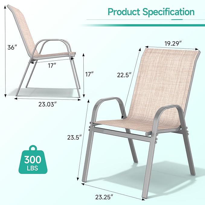 Patio Chairs Set of 6, Easily Set Up Stackable Outdoor Dining Chairs with High Back and Wide Seat, All Weather Breathable Outdoor Chairs Set of 6 with Metal Frame for Backyard Deck Pool, Beige - Image 3