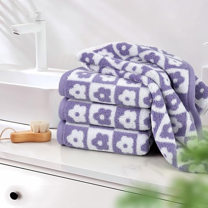 Jacquotha Cotton Hand Towels Lilac Checkered Floral - Image 5