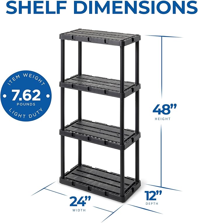 Gracious Living 4 Pack Light Duty Storage Shelves, Knect-A-Shelf 4-Shelf Ventilated Shelving Rack Organizer for Home, Garage, Basement & Laundry, Black - Image 3
