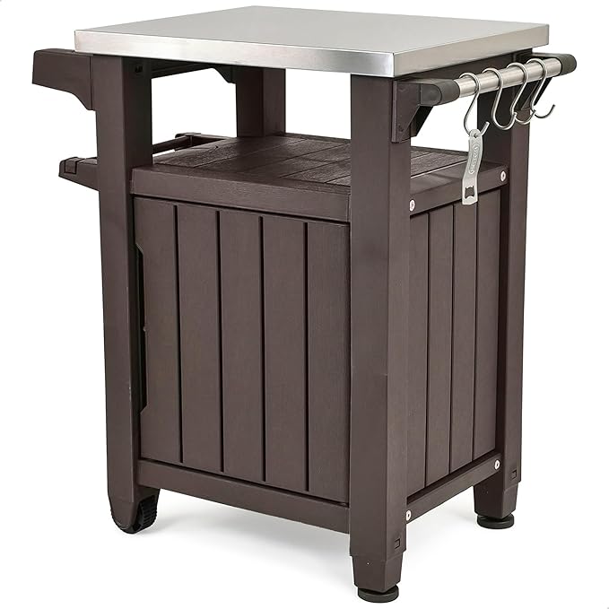 Keter Outdoor Grill Prep Table & Serving Cart, Stainless Steel Top, Unity, 40 Gal, Brown - Portable Bar Table and Cooking Accessory for Pool, Patio, Lawn, and Backyard by Keter