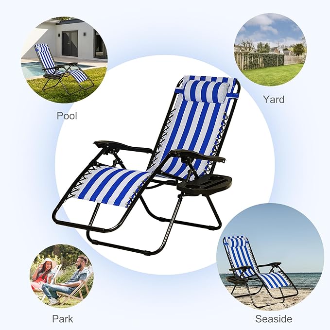 Nazhura Set of 2 Relaxing Recliners Patio Chairs Adjustable Steel Mesh Zero Gravity Lounge Chair Beach Chairs with Pillow and Cup Holder (Navy Blue Stripe) - Image 8