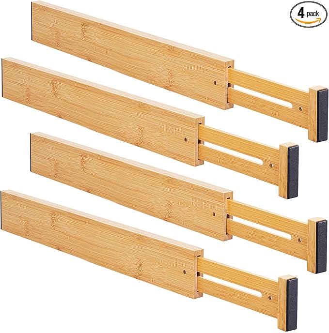 Bamboo Drawer Organizers 4 Pack, 17-22" Adjustable Spring Loaded Dividers by Aubeco