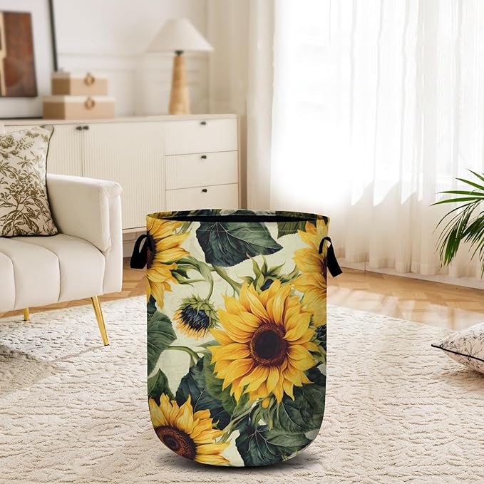 Retro Sunflower Laundry Basket, Floral Laundry Hamper Collapsible Oxford Cloth - Image 6