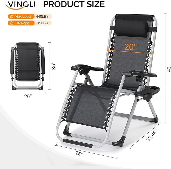 VINGLI Padded Zero Gravity Chair, Lounge Chair with Removable Cushion & Tray， Folding Reclining Patio Chairs， Recliner Chair for Lawn，Indoor Outdoor-Red - Image 6