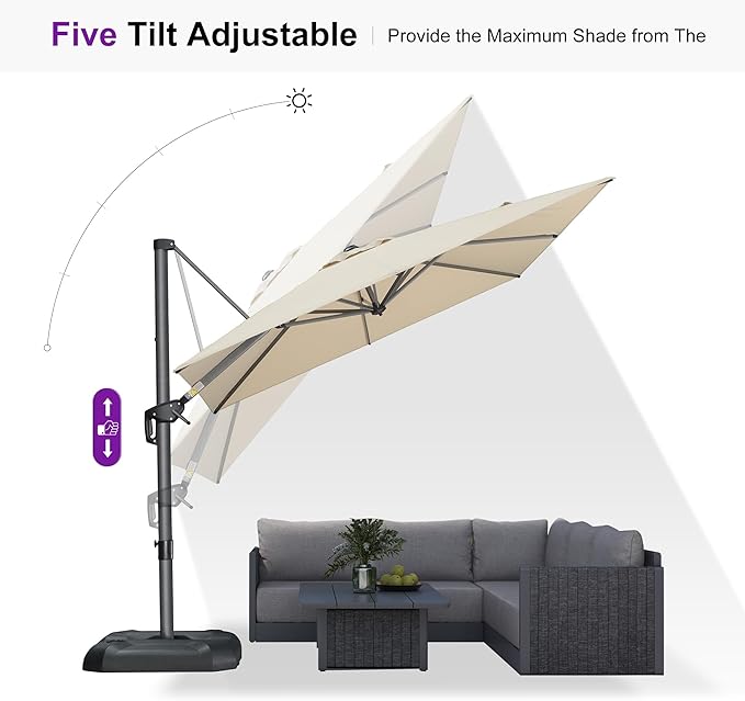 PURPLE LEAF 8 Feet Square Cantilever Umbrella Patio Umbrella with Base Outdoor Umbrella Aluminum with 360-degree Rotation for Garden Deck Pool Patio Beige - Image 8