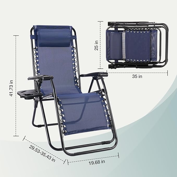 NEWBULIG Zero Gravity Chair Set of 4, Lounge Chair Folding Portable Adjustable Camping Reclining Chairs with Adjustable Pollow, Mesh Back, Cup Holder Trays Lawn Patio Chair for Pool Beach - Blue - Image 2