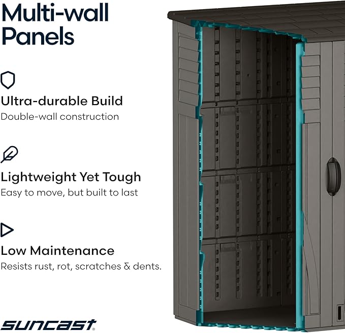 Suncast Outdoor Storage Cabinet Waterproof Resin Vertical Outdoor Storage Shed (54 cu. ft.) for Patio, Garden Tools, Cushions, & Equipment. Weatherproof Plastic Multi-Wall Design, Capacity Made in USA - Image 7