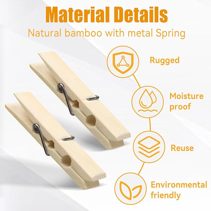 Natural Bamboo Clothespins 80-Pack Wooden Clothes Pins - Image 4