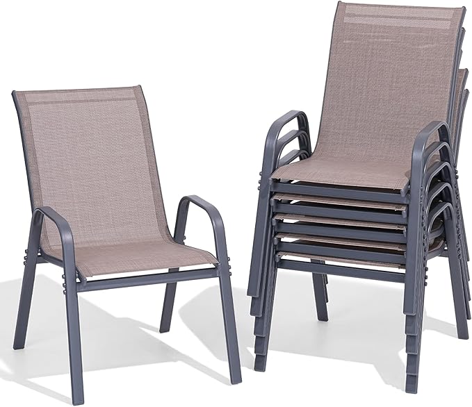 Patio Chairs Set of 6, Easily Set Up Stackable Outdoor Dining Chairs with High Back and Wide Seat, All Weather Breathable Outdoor Chairs Set of 6 with Metal Frame for Backyard Deck Pool, Brown by Dovov
