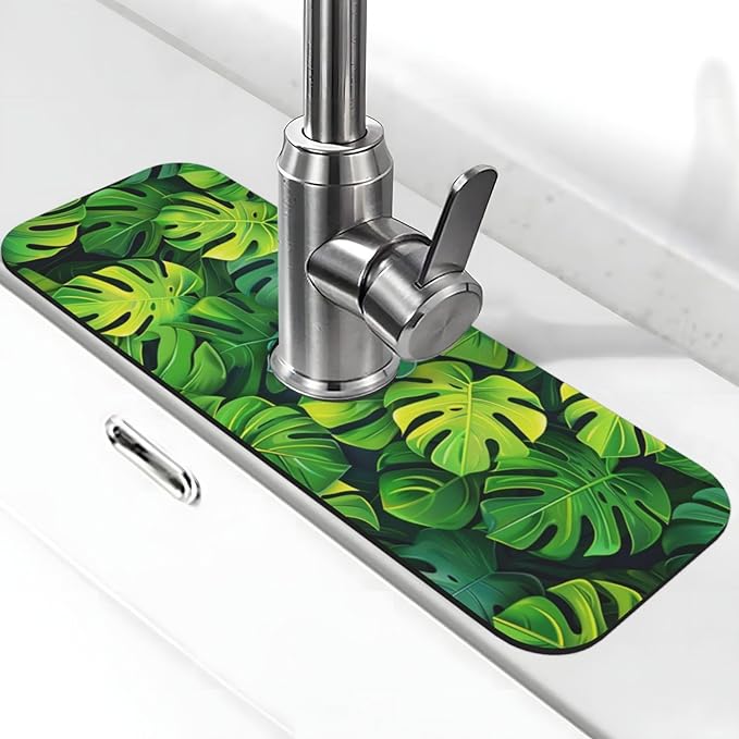 Faucet Draining Mat For Kitchen Sink, Palm Leaves Tropical Diatom Mud Absorbent by indokyeyqaz