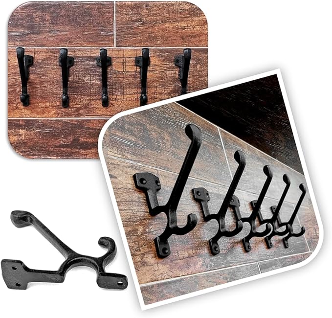 Ambipolar 5 Pack Decorative Cast Iron Heavy Duty Double Hooks, Wall Mounted - Image 4