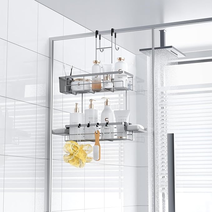 Hanging Shower Caddy Over Door: Silver Rustproof Shower Organizer over the Door - Image 6