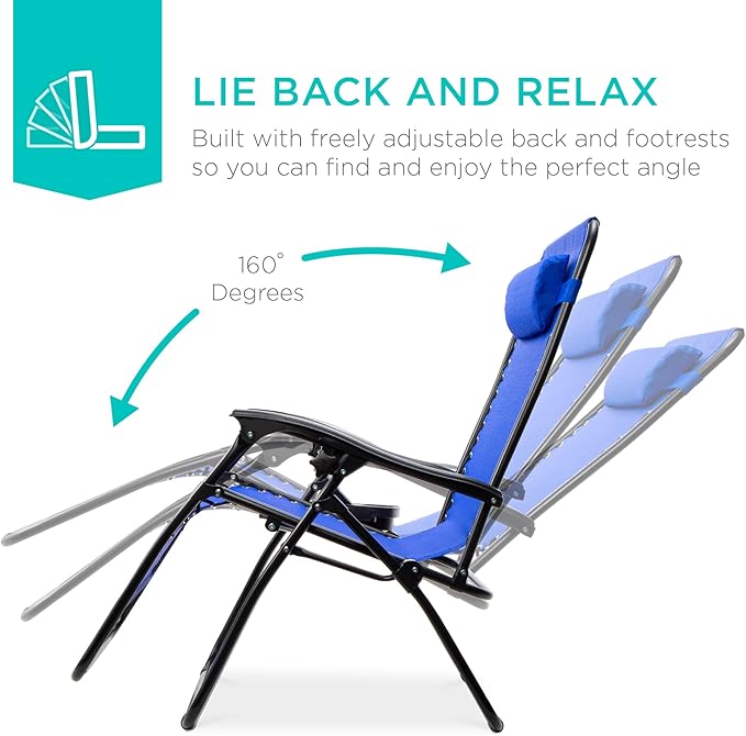 Best Choice Products Set of 2 Adjustable Steel Mesh Zero Gravity Lounge Chair Recliners w/Pillows and Cup Holder Trays - Cobalt Blue - Image 3
