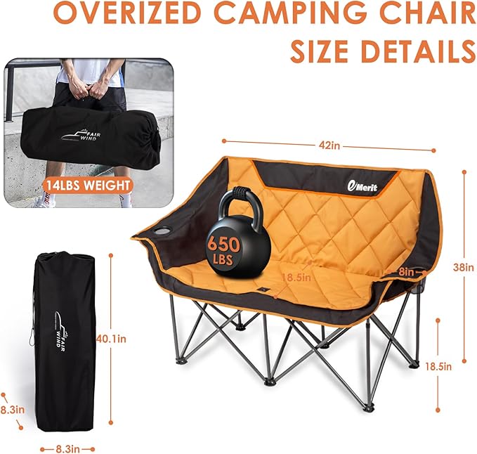EMERIT Oversized Double Duo Camping Chair Folding Camping Loveseat 2 Person Camping Couch Heavy Duty Lawn Chairs for Outside with Padded Seats & Armrests-Support 650LBS - Image 2