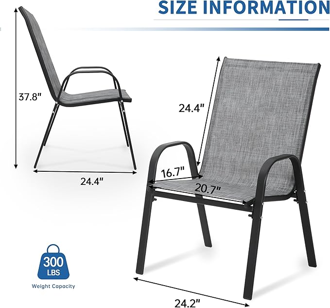 PIZZELLO Patio Chairs Set of 4, Outdoor Stackable Dining Chairs for All Weather, Lightweight Textilene Outdoor Chair Sets with Armrests, 330Lbs Capacity, for Backyard Porch Poolside Garden (Grey) - Image 2