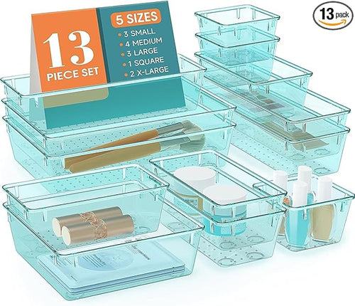 13 PCS Clear Plastic Drawer Organizers Set, 4 Size Desk Drawer Organizer Trays by StorMiracle