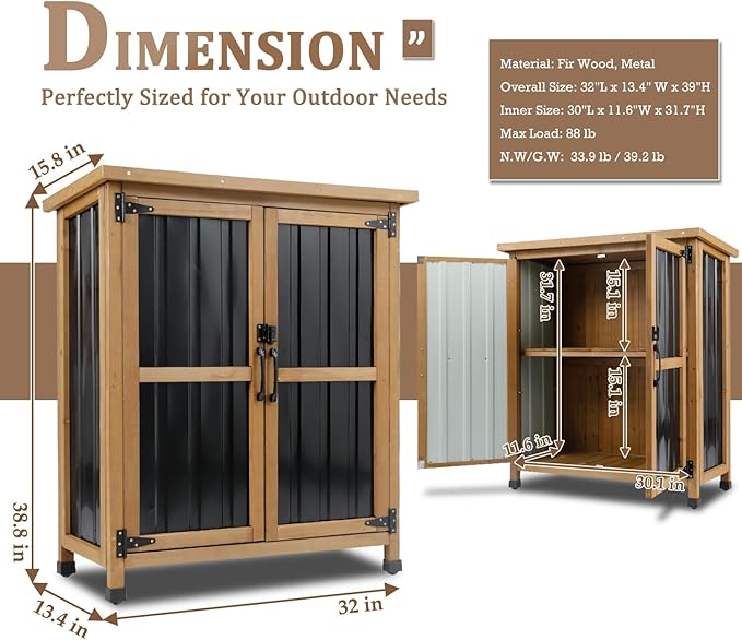 PetsCosset Weatherproof Outdoor Storage Cabinet with Lockable Doors, Wood & Metal Garden Storage Shed Patio Storage Box for Tools & Lawn Equipment, Pool Accessories - Image 3