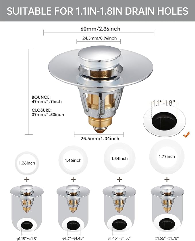 Fransiton Bathroom Sink Stopper, 1.1-1.77 Inch Basin Pop Up Sink Drain Stopper - Image 2