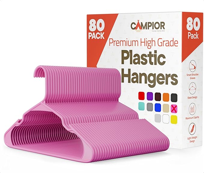 Pink Plastic Hangers 80 Pack– Heavy-Duty Plastic Hangers Slim and Space-Saving by Campior