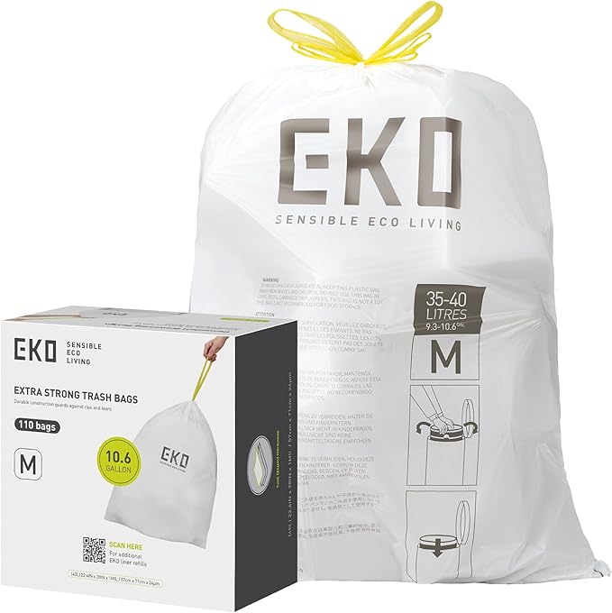EKO 10.6 Gallon / 35–40 Liter Drawstring Trash Bags, Extra-Strong Leak-Resistant by EKO