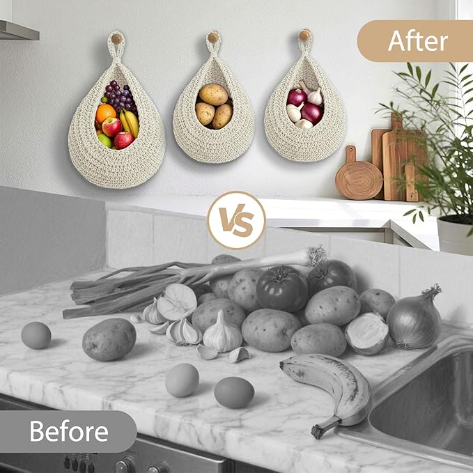 Hanging Fruit Baskets for Kitchen, 3 Pack Boho Cotton Rope Handwoven Vegetable - Image 4