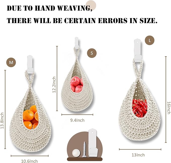 Hanging Fruit Large Basket Set of 3, Boho Wall Hanging Storage Basket - Image 2