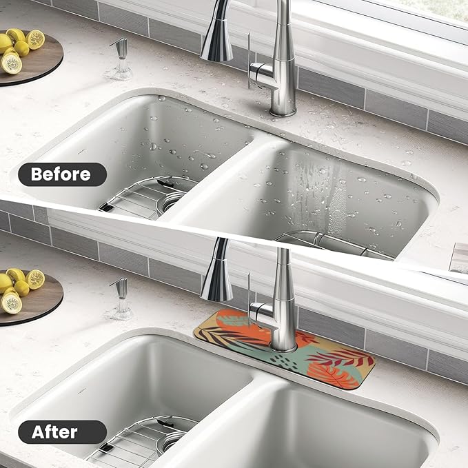 Boho Bohemian Abstract Floral Leaves Kitchen Sink Splash Guard Faucet Mat Super - Image 4