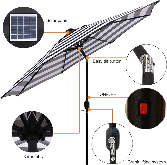 Blissun 9 ft Solar Umbrella 32 LED Lighted Patio Umbrella Table Market Umbrella with Tilt and Crank Outdoor Umbrella for Garden, Deck, Backyard, Pool and Beach (Black and White) - Image 2