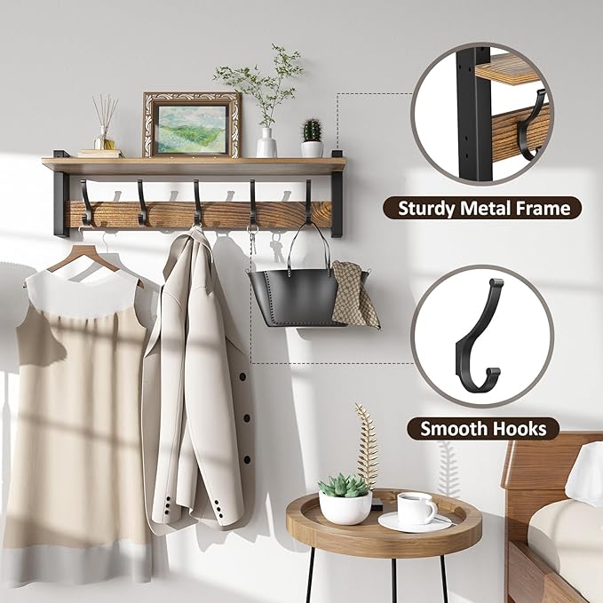 Coat Rack Wall Mount with Shelf, 24 Inch Coat Hanger Walls Mounted, Hat Rack - Image 3
