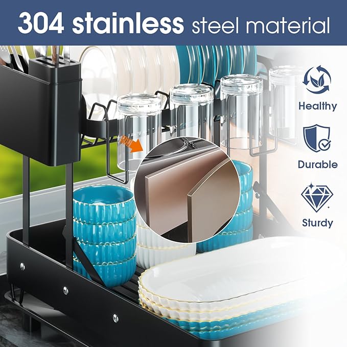 Dish Drying Rack for Kitchen Counter, Stainless Steel 2 Tier Dish Rack w - Image 3