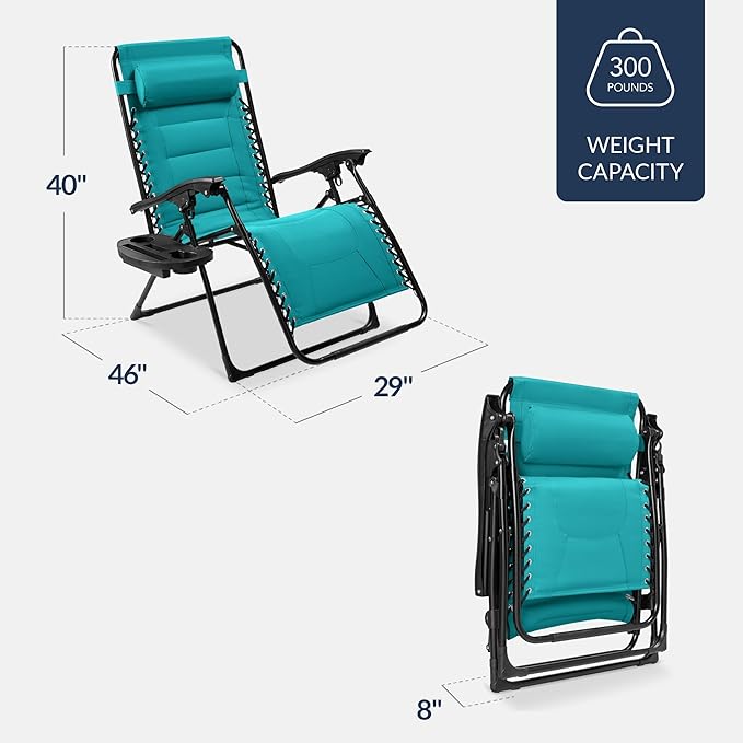 Best Choice Products Oversized Padded Zero Gravity Chair, Folding Outdoor Patio Recliner, XL Anti Gravity Lounger for Backyard w/Headrest, Cup Holder, Side Tray, Polyester Mesh - Peacock Blue - Image 2