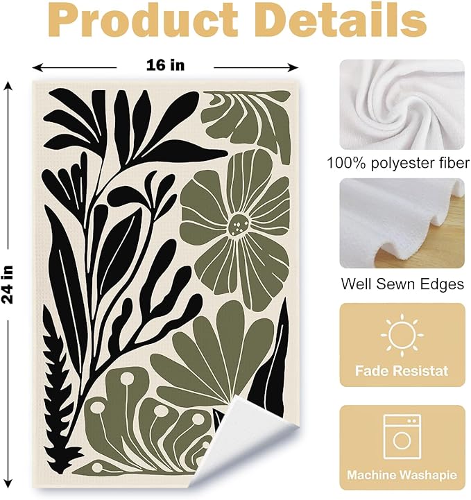 Abstract Green and Black Boho Floral Kitchen Towels Set of 2, 70s Retro Groovy - Image 6