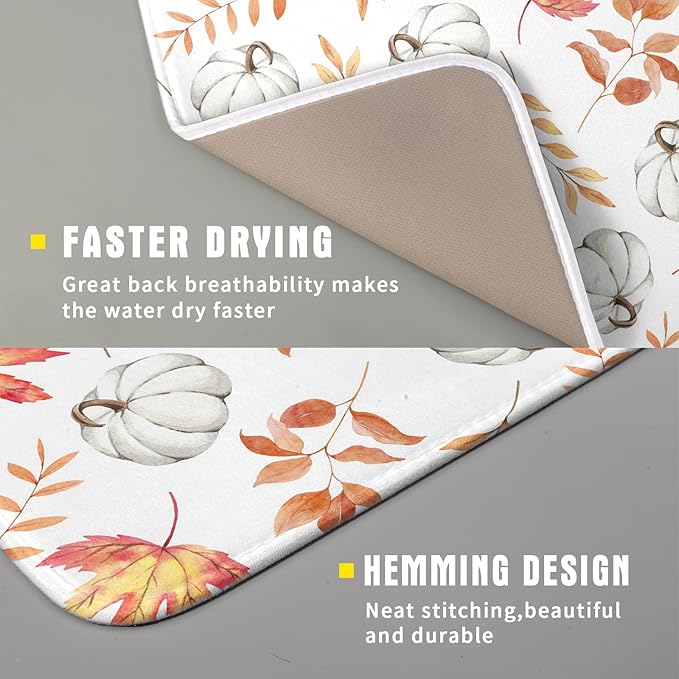 Fall Dish Drying Mat for Kitchen Counter Autumn White Pumpkins Maple Leaves - Image 3