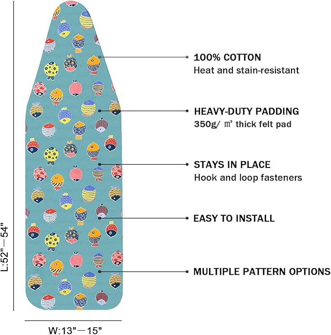 Ironing Board Cover and Pad Standard Size 15" x 54", 3 Pairs of Hook and Loop - Image 2